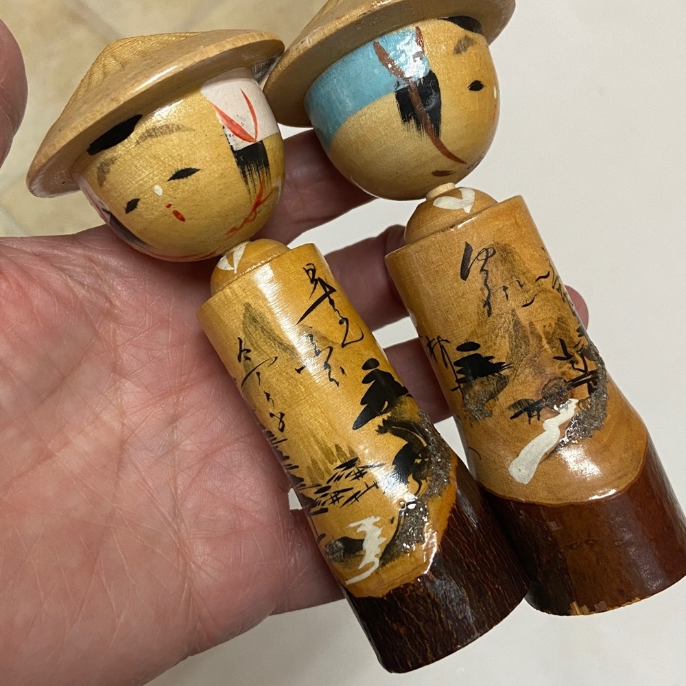 Vintage Kokeshi Handcrafted Wooden Figurines - Brown and Tan